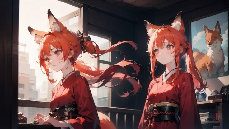 Best quality, highly detailed, masterpiece, ultra detailed, (1 girl, (detailed background), delicate eyes, ), girl with orange hair and fox ears, red eyes, wearing red dress with open chest, japanese romance scene, dinamic lighting, dinamic effect, cinemat...