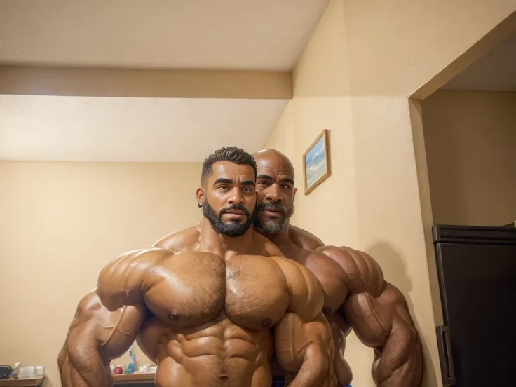 A handsome couple of mature old nigger dads with a massive beard and no shirt standing in front of a door,baldy haircut, very dark skinned, hyper muscular, pumped, roids, huge pecs, arms, biceps, shoulders, male focus, ((couple_pose)), centered, tan skin, ...