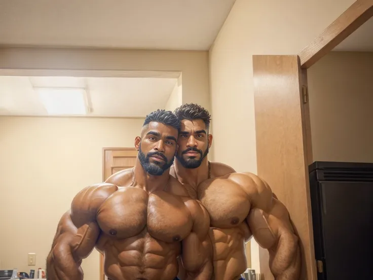 A handsome couple of mature old nigger dads with a massive beard and no shirt standing in front of a door,baldy haircut, very dark skinned, hyper muscular, pumped, roids, huge pecs, arms, biceps, shoulders, male focus, ((couple_pose)), centered, tan skin, ...