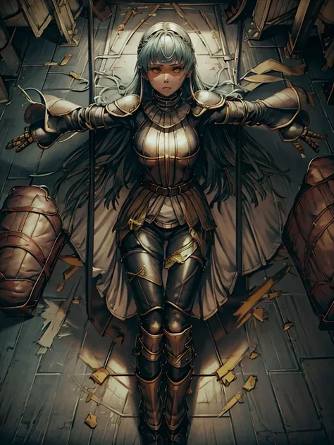 (​masterpiece、top-quality、hight resolution), A once valiant female soldier, now betrayed and abandoned, lies alone in a defeated pose on the battlefield. She had fought bravely, holding a defense line that would be sung by future bards, but her subordinate...