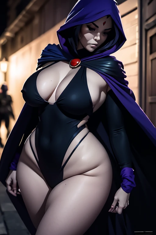 Only Fans model body, Raven ((Teen Titans)), walking down an alley at night under the moonlight, sensual, short purple pixie style hair, black high-neck swimsuit and sexy long sleeves)), full and sensual mouth, sensual body its perfect. ((no cape and hood)...