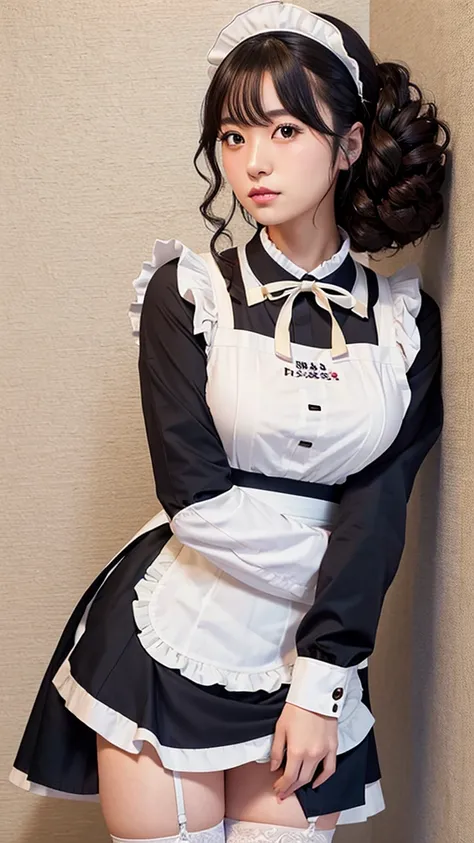 highest quality, masterpiece, Ultra-high resolution, Very detailed, Realistic, RAW shooting, Natural skin texture, (1 Japanese girl wearing a maid uniform:1.3), Adorable expression, 25 years old, Amazingly cute, Curly Hair, Black Hair, light makeup, large ...