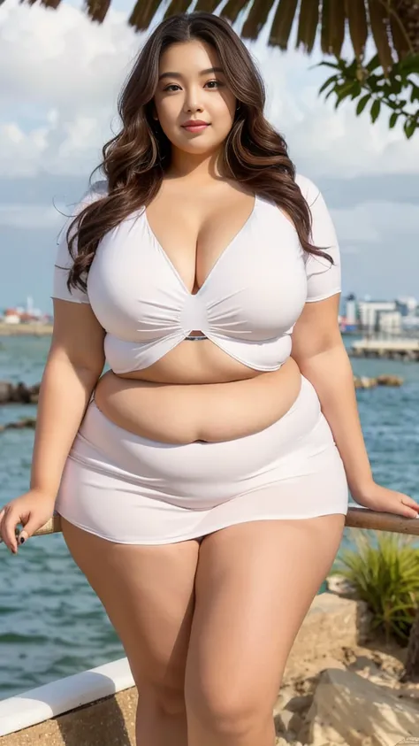 ((best quality)), ((masterpiece)), (detailed), perfect face, araffeTight skirtsShort , thicc, wavy short hair, she has a jiggly fat round belly, bbwchan, wearing tight simple clothes, skinny waist and thick hips, widest hips, her belly is fat and round, so...