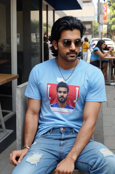 create images of male character in realistic 3D sitting with female character eating ice cream the male character has wear jeans and full t-shirt with written name Ricky Kothari on t- shirt..