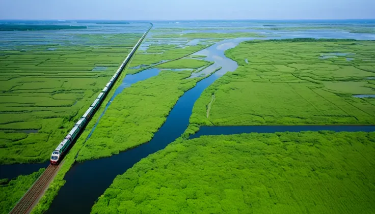 A train running through the Kushiro Marsh、Aerial view、landscape