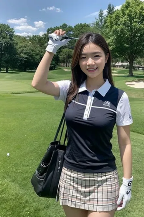 Very detailedな CG Unity 8k 壁紙, highest quality, Very detailed, masterpiece, Realistic, Photo Real, Very detailedなかわいい女の子, Age 25, (Golf Wear) , (golf mini skirt) , (Embrace the golf driver),  (Wearing golf gloves), smile , Round eyes, Big Breasts , (Cleava...