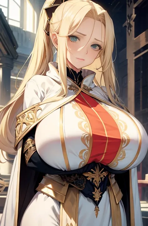 mature woman, green eyes, long blonde hair, ponytail, gigantic breasts, white flowing robes, intricate robes, white greaves, hold great warhammer, beautiful face, shy face, motherly look