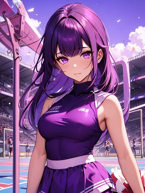 1women, as a cheerleader, wearing cheerleader outfit, at a playground, dark purple color medium length hair, purple colour eyes, 8k, high detailed, high quality
