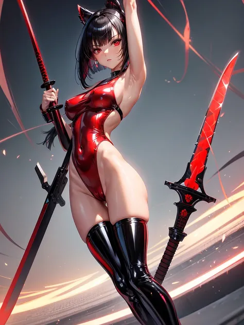 solo girl,Glossy metalic light silver tank top, tight latex shiny, Red interpolation color,Black hair bob,red eyes, camel toe, Samurai Sword,
Lift one leg, sexy lady,, naked girl,