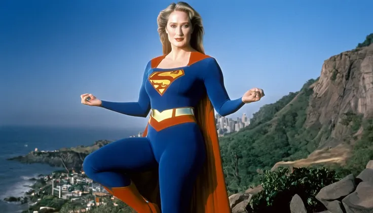 full body photo; old and sexy meryl streep in a 1984 supergirl spills the beans; determined, confident, imposing woman; airbende...