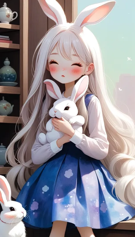 1 Girl, Solitary, long_hair, blush, long_sleeve, skirt, Very_long_hair, close_Eye, White_hair, rabbit