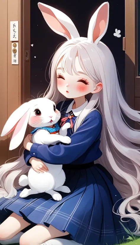 1 Girl, Solitary, long_hair, blush, long_sleeve, skirt, Very_long_hair, close_Eye, White_hair, rabbit