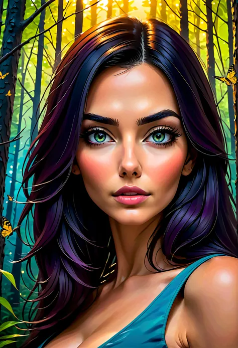 A captivating abstract portrait of a womans face that artfully blends her features with a nighttime forest landscape filled with fireflies. The eyes, nose, and lips stand out in vivid contrast to the surrounding colors, creating a mesmerizing interplay of ...