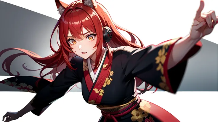 Best quality, highly detailed, masterpiece, ultra detailed, (reality: 1.2), 1 girl, (white background), simple background, delicate eyes, ), girl with orange hair and fox ear, red eye, wearing kimono japanese fighting scene, fighting demon, dinamic lightin...