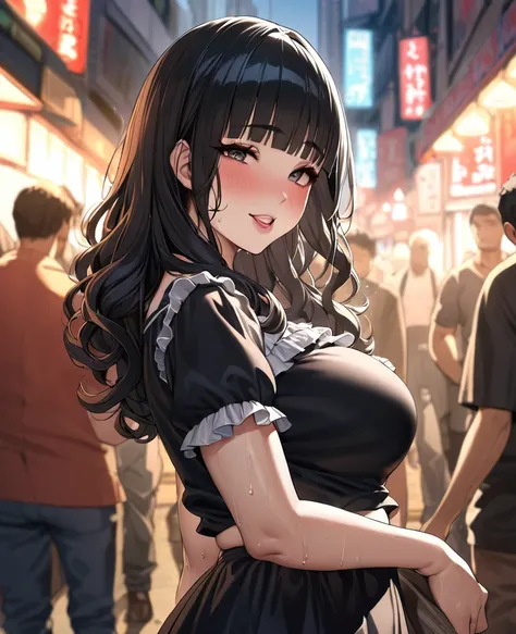 (nsfw),masterpiece,ultra detailed,hyperrealistic anime,curvy seductive woman,(tareme),thick lips,long black hair,blunt bangs,wavy hair,tube top frilled blouse,black short skirt,stall on shoulder,,make-up,standing at crowded street,sweaty,look at viewer,aro...