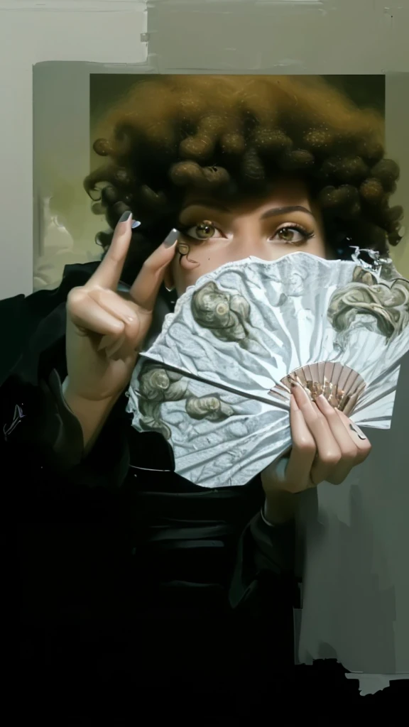 (best quality,4k,8k,highres,masterpiece:1.2),ultra-detailed,realistic,photorealistic:1.37, portrait, money fan covering her face, middle finger, curly afro