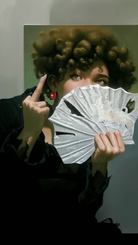 (best quality,4k,8k,highres,masterpiece:1.2),ultra-detailed,realistic,photorealistic:1.37, portrait, money fan covering her face, middle finger, curly afro