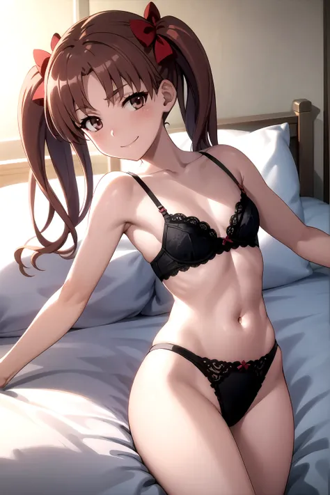 [[anime styled]],(((pixel-perfect, detail-perfect))), solo, 1girl, shirai kuroko,twintails, brown hair, small breasts, at viewer, smile, ,NSFW,1girl in,(lying),(cowboy shot),short torso,anime screen cap,Flat color,cel shading,blush,seductive smile,(strong ...