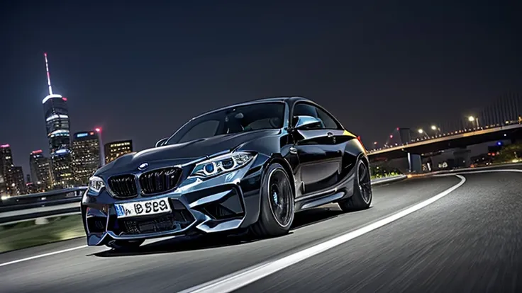 2018 BMW M2 COUPE EDITION MAD BLACK.　driving on tokyo metropolitan expressway at night. from diagonally ahead.