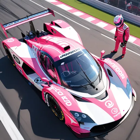 High resolution digital CG concept art,The state of pit work during the race of the future racing car,The racing car has the futuristic body shape of the Group C racer that raced in Le Mans, has a two-tone color scheme of pink and white,  has gull wing doo...