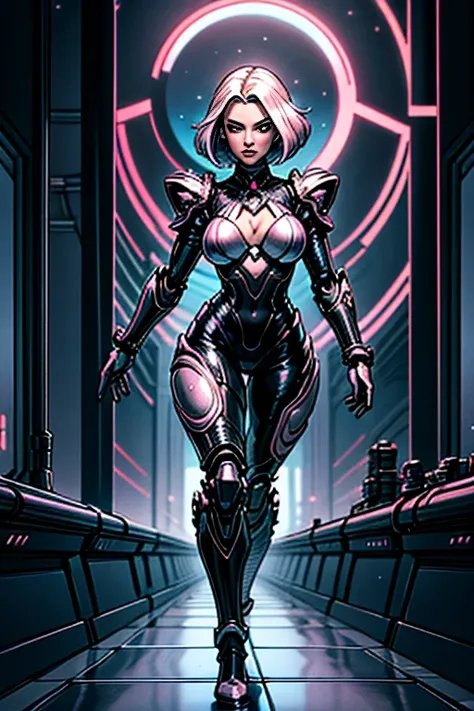 a beautiful woman  is walking inside a futuristic factory, growing like a biomechanical organism, pale pink, black and metallic ...