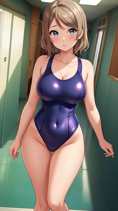 (Masterpiece), 8k wallpaper, solo, Watanabe you, standing, school hallway, one-piece swimsuit, v-neck, low cut at hips, game cg, beautiful detailed face and eyes, perfect anatomy, curvy