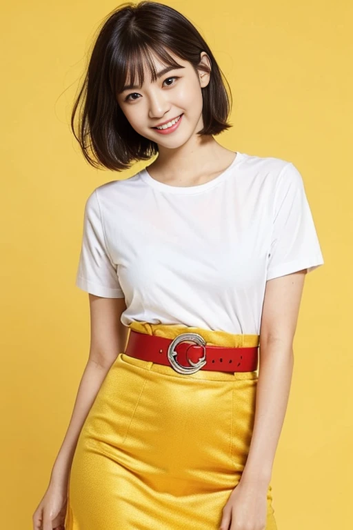 a gorgeous lady, age 22, white T-shirt and red skirt, black belt, dimpled smile, short bob hair, in a natural pose, photorealistic, beautiful detailed eyes, ample round bosom, hyper-realism, high contrast, ultra HD, realistic skin textures, top image quali...