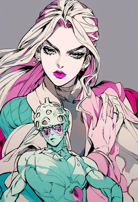 JoJo&#39;s Bizarre Adventure、Woman and stand、A stand is guarding the woman behind her.