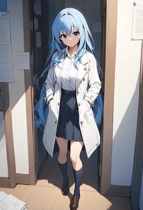 masterpiece, 最high quality, high quality, High resolution, One girl, alone, Aqua (KonoSuba), Blue Hair, Long Hair, blue eyes, White shirt ,Long white coat, Black office skirt, Knee socks, whole body, Are standing, Put your hands in your pockets, boredom, D...