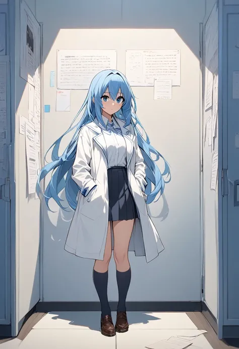 masterpiece, 最high quality, high quality, High resolution, One girl, alone, Aqua (KonoSuba), Blue Hair, Long Hair, blue eyes, White shirt ,Long white coat, Black office skirt, Knee socks, whole body, Are standing, Put your hands in your pockets, boredom, D...