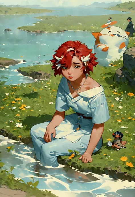 there is a person sitting on the grass by the water, artwork in the style of guweiz, chillhop, lofi album art, lofi art, makoto shinkai cyril rolando, guweiz, guweiz masterpiece, ( ( makoto shinkai ) ), lofi artstyle, in style of makoto shinkai, official a...