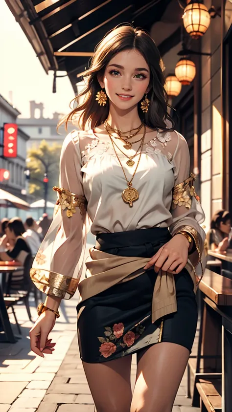 wearing Floral blouse_long see-through sleeves_blue flared mini skirt、Long straight hair_Hair reaching down to the waist、gold necklace＿Large earrings、shy smile、On the open terrace of the cafe, blurred background