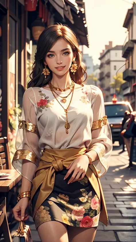 wearing Floral blouse_long see-through sleeves_blue flared mini skirt、Long straight hair_Hair reaching down to the waist、gold necklace＿Large earrings、shy smile、On the open terrace of the cafe, blurred background