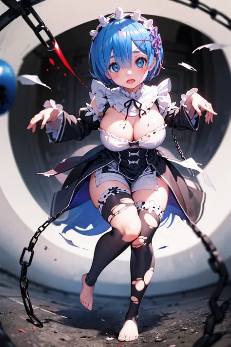 High qualityHigh quality、Fighting Pose、Weapons Morningstar、Underground Prison、((The floor beneath my feet is crumbling))、((((Rem in chains)))),(((((Fisheye Lens)))))、((Super huge breasts))、(((Plump thighs)))、(((Rem from Re:Zero)))、looking at the camera、Hig...