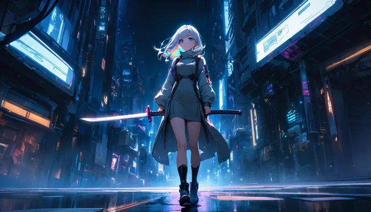 Handsome cute, Solitary, 1 female, Medium Length Hair, white hair, Rainbow hair, blue Eyes, Rainbow headphone, knit dress, Futuristic, Cyberpunk, Cybernetics panoramic, in the night, looking away, (holding (katana sword:1.2)), (blade shimmering), (holding ...