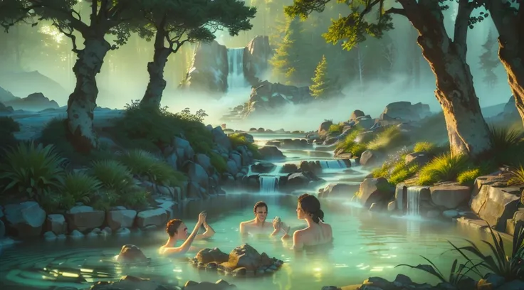 (four peoples bathing in hot springs,detailed,realistic,photorealistic,high quality,8k,masterpiece,detailed face,detailed eyes,detailed skin,detailed water,steam,mist,relaxing atmosphere,natural environment,lush greenery,rocks,warm lighting,glowing water)