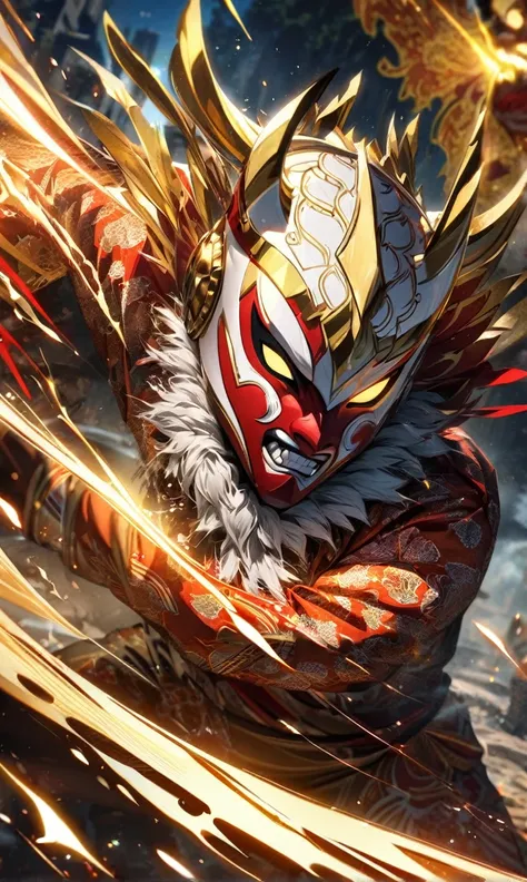 absurdres, highres, ultra detailed, HDR, masterpiece, extremely detailed face and eyes,Indonesian Super Hero,,red and white Garuda costume, Garuda mask, , Indonesia batik pattern , solo, man, handsome, ,, , Epic fight scene, golden splashing effect, golden...