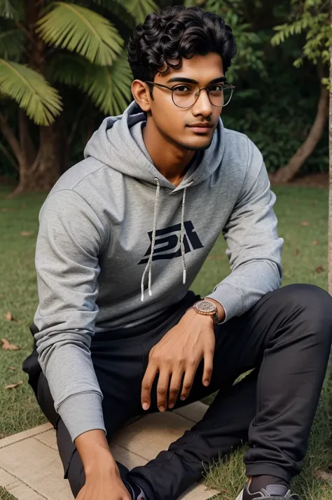 Tall handsome indian teenage boy wearing specs with curly hair and little bit facial hair wearing hoodies and cargo pants and sitting on grass smilling with little bit bulky nose and good jawline 