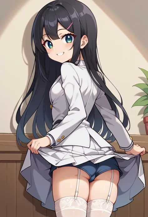 (Rear insertion position, ), Black Hair, Long Hair, Cute Hips, lure, ,(White blazer student uniform、Long skirt、Sexy Shorts、Garter Stockings), (Turn around and put your hands on the wall), Bend、nsfw、BREAK Perfect Anatomy、highest quality、(cute:1.1)、(cute)、(H...