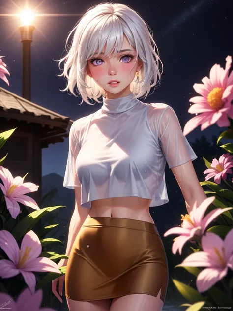 realistic, 1girl, white hair, purple eyes, glowing eyes, crop top, skirt, parted lips, blush, night, flowers, sun, sunlight, camel toe, wet, naked girl,