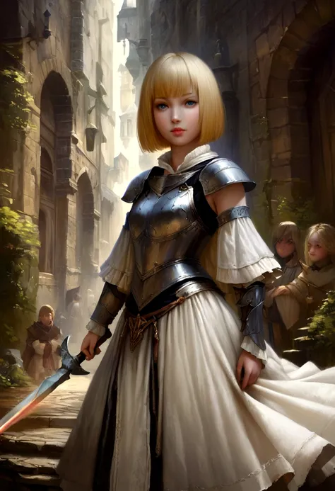 British girl with short, straight blonde hair, Van, Bobcut, blue eyes, 15 years, young, Pale skin, Slender body, Small breasts, Small breasts, Ultra-high resolution, Ultra-high resolution, (Realistic:1.4), Doll-like face, White robe、Metal armor, Plasma Swo...