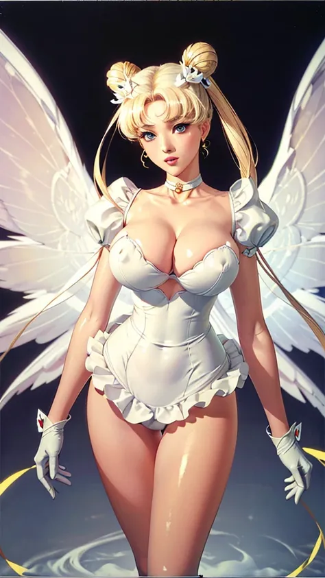 (（（Perfect body,White and tender skin,（（（Yellow layered skirt Pink puffy sleeves White gloves White boots Wing brooch Red choker Red ribbon Wings Hairpin Red bun cover Golden crescent forehead mark）））,（（（EternalSM ，Slender and soft golden hair, crystal cle...