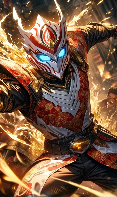 absurdres, highres, ultra detailed, HDR, masterpiece, extremely detailed face and eyes,Indonesian Kamen rider,,red and white Garuda Kamen rider costume, Garuda Kamen rider mask, , Indonesia batik pattern , solo, man, handsome, ,, , Epic fight scene, golden...