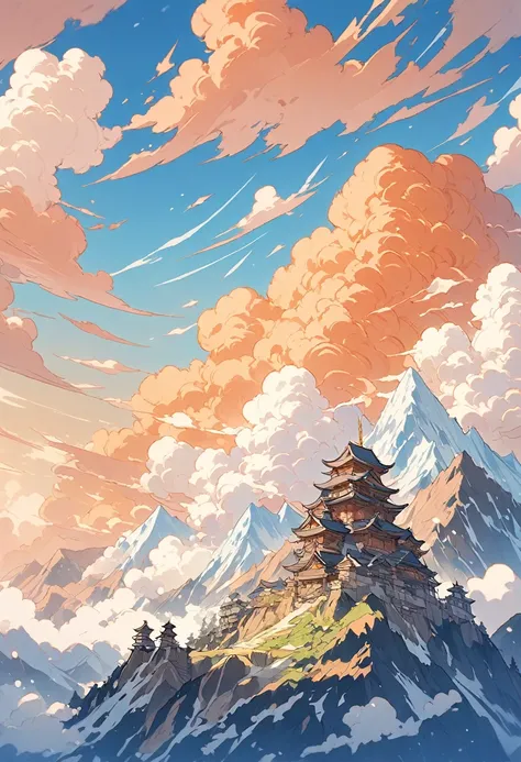 An angelic being without human affection, Creator of the Universe, myth, The background of the image is, Heavenly Mountain Scenario, Orange Clouds. The image style should be cartoon-like, With powerful and impressive strokes, 登場人物にはmythや天使の要素が加わっている  