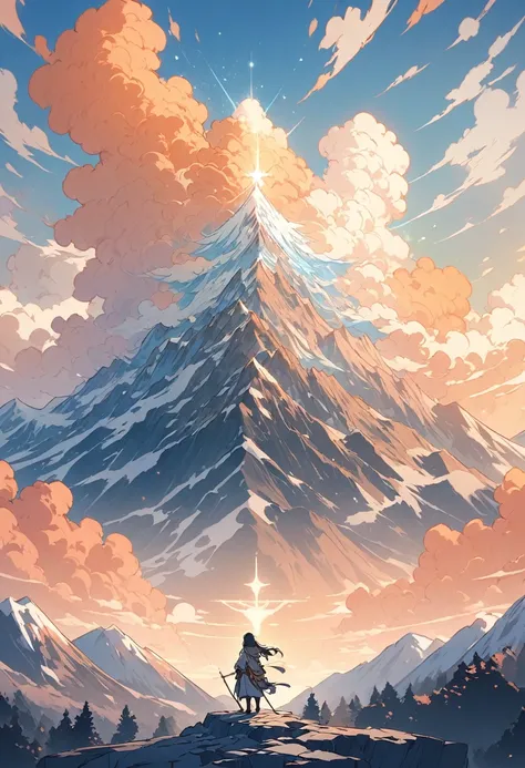 An angelic being without human affection, Creator of the Universe, myth, The background of the image is, Heavenly Mountain Scenario, Orange Clouds. The image style should be cartoon-like, With powerful and impressive strokes, 登場人物にはmythや天使の要素が加わっている  