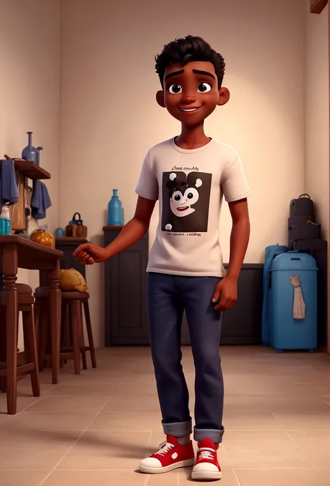 a man with dark skin, short black hair, tall, dancing, dressed in a t-shirt and jeans, very happy, dancing, with his arms up, holding a beer 
disney style