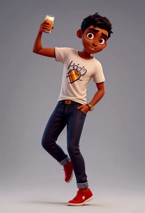 a man with dark skin, short black hair, tall, dancing, dressed in a t-shirt and jeans, very happy, dancing, with his arms up, holding a beer 
disney style