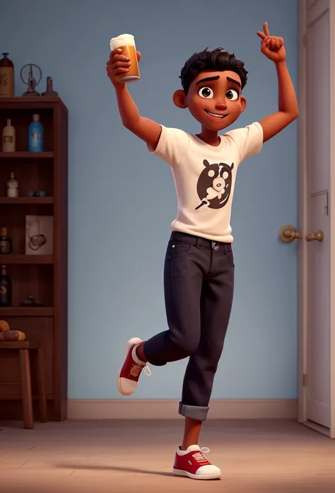 a man with dark skin, short black hair, tall, dancing, dressed in a t-shirt and jeans, very happy, dancing, with his arms up, holding a beer 
disney style