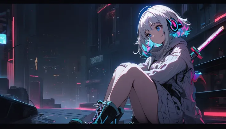 andsome cute, Solitary, 1 female, Medium Length Hair, white hair, Rainbow hair, blue Eyes, Rainbow headphone, knit dress, Futuristic, Cyberpunk, Cybernetics panoramic, in the night, looking away, Sitting,(holding (katana sword:1.2))