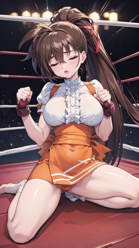 highest quality，masterpiece，Lying down，sleep，lie on wrestling ring, WWE Divas，Wrestling Arena，Wrestling ring background, Boxing Ring Background, 胎児の姿勢で仰向けにsleep, Scratches, bruises and bleeding, Low stamina, ryona, Hitting a girl, Death is near，Takeyuka ve...